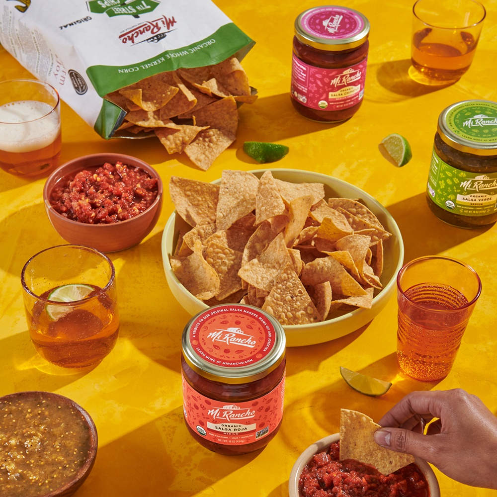 Mi Rancho Salsas and Chips displayed on a table