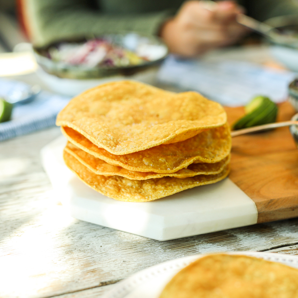Stack of tostadas made with Mi Rancho Organic Corn Tortillas